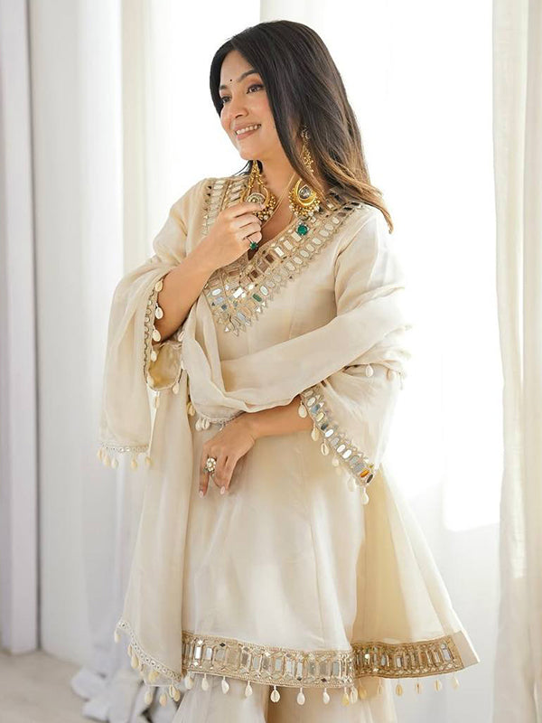 Ivory Mirror Work Tebby Organza Silk Top Sharara With Dupatta