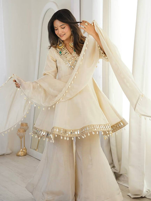 Ivory Mirror Work Tebby Organza Silk Top Sharara With Dupatta