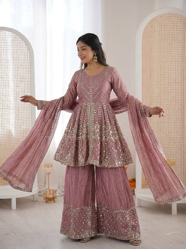 Dusty Pink Embroidery Sequence Work Fendy Silk Top Palazzo With Dupatta