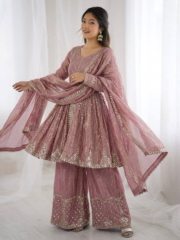 Dusty Pink Embroidery Sequence Work Fendy Silk Top Palazzo With Dupatta