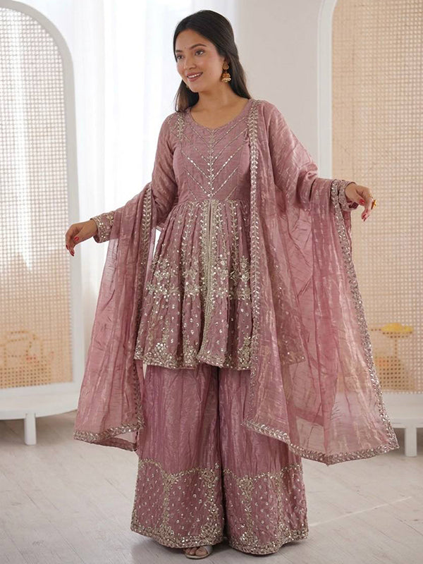 Dusty Pink Embroidery Sequence Work Fendy Silk Top Palazzo With Dupatta