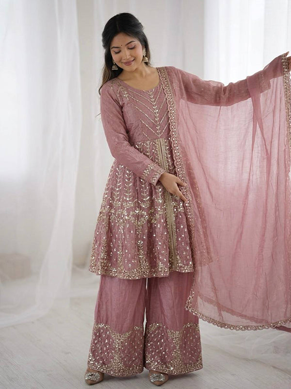 Dusty Pink Embroidery Sequence Work Fendy Silk Top Palazzo With Dupatta