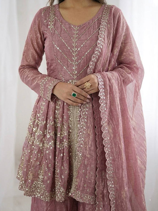 Dusty Pink Embroidery Sequence Work Fendy Silk Top Palazzo With Dupatta