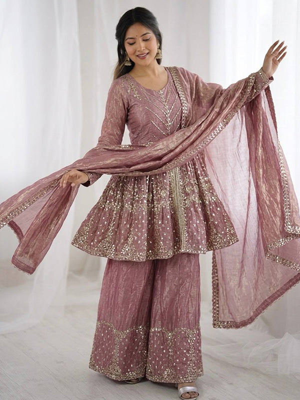 Dusty Pink Embroidery Sequence Work Fendy Silk Top Palazzo With Dupatta