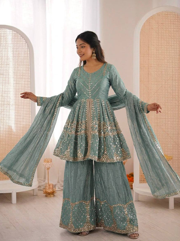 Sky Blue Embroidery Sequence Work Fendy Silk Top Palazzo With Dupatta