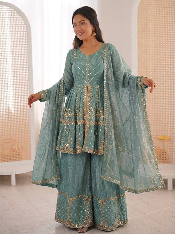 Sky Blue Embroidery Sequence Work Fendy Silk Top Palazzo With Dupatta