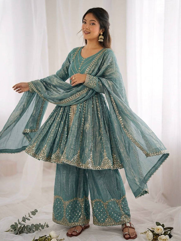 Sky Blue Embroidery Sequence Work Fendy Silk Top Palazzo With Dupatta