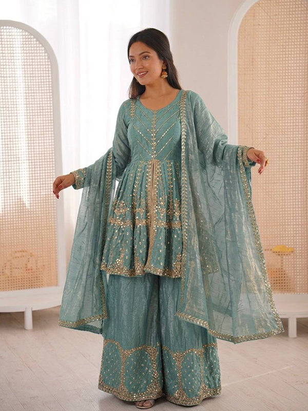 Sky Blue Embroidery Sequence Work Fendy Silk Top Palazzo With Dupatta