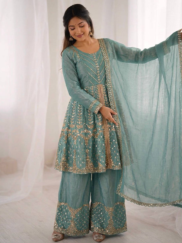 Sky Blue Embroidery Sequence Work Fendy Silk Top Palazzo With Dupatta