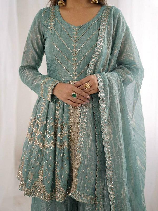 Sky Blue Embroidery Sequence Work Fendy Silk Top Palazzo With Dupatta