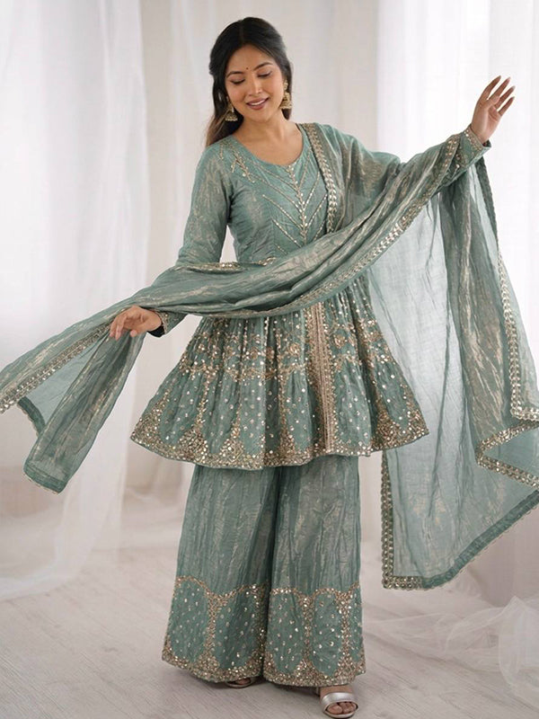 Sky Blue Embroidery Sequence Work Fendy Silk Top Palazzo With Dupatta