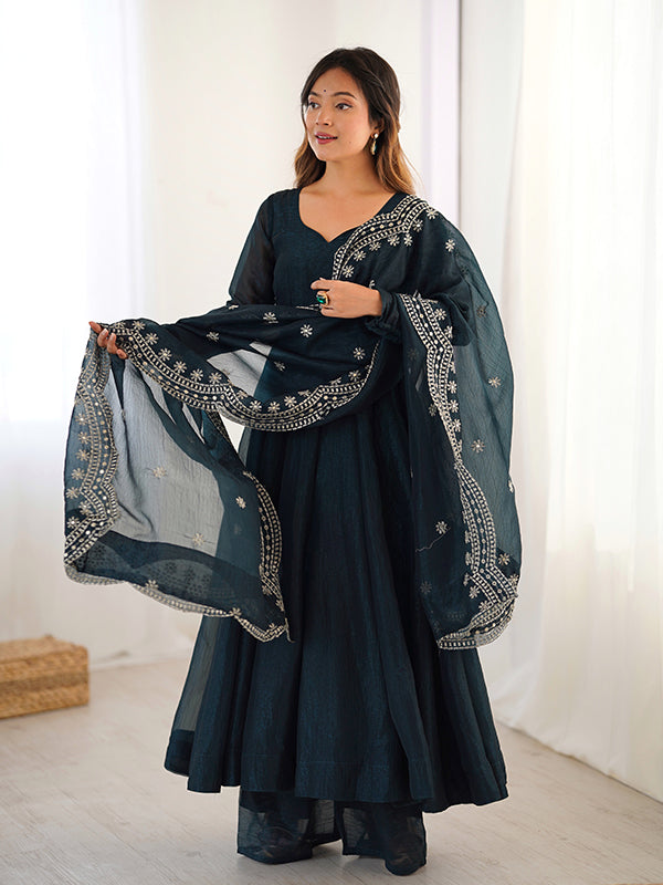 Teal Blue Fandy Silk Gown With Embroidery Sequence Work Dupatta