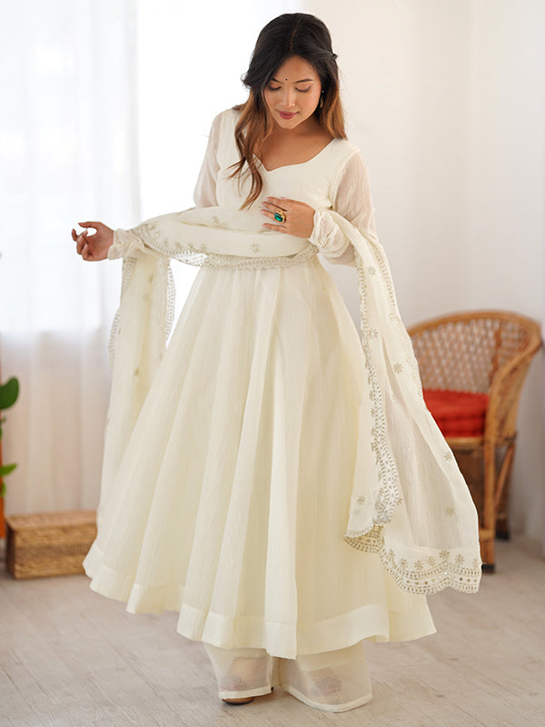 White Fandy Silk Gown With Embroidery Sequence Work Dupatta