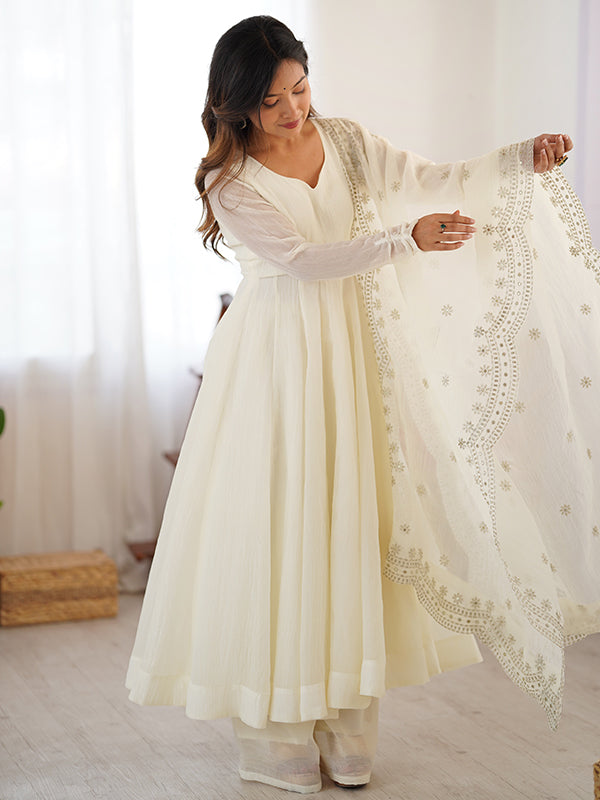 White Fandy Silk Gown With Embroidery Sequence Work Dupatta
