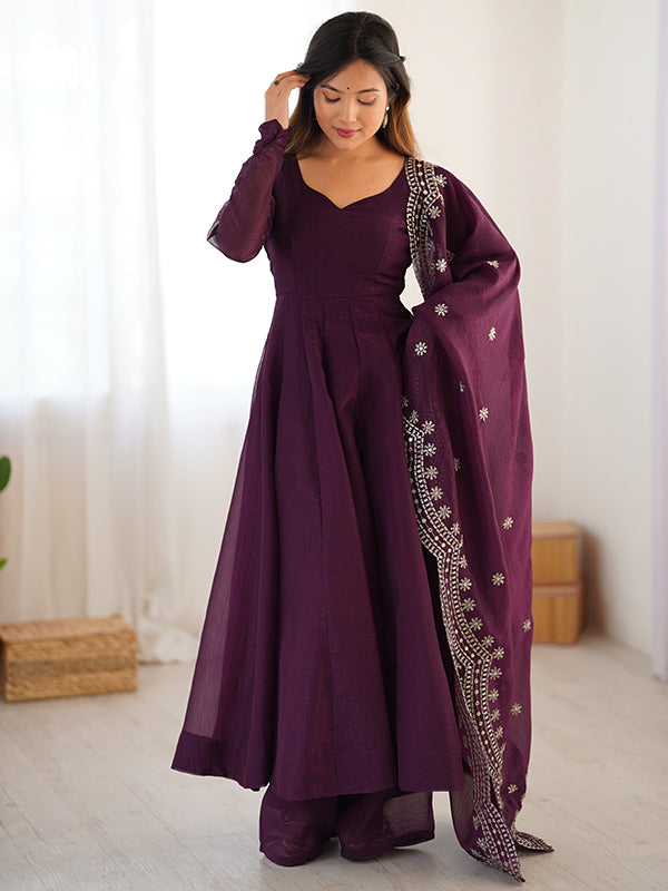Wine Fandy Silk Gown With Embroidery Sequence Work Dupatta