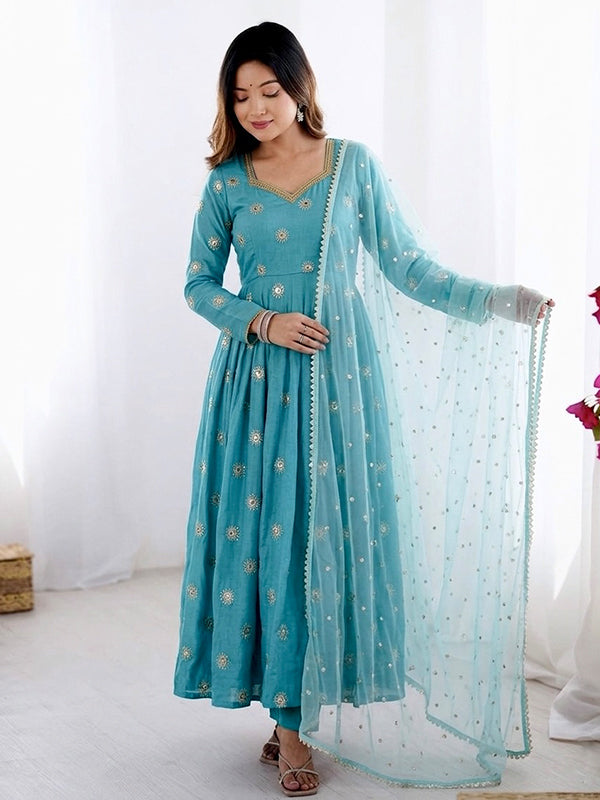 Sky Blue Embroidery Sequence Work Vichitra Silk Gown With Tissue Dupatta