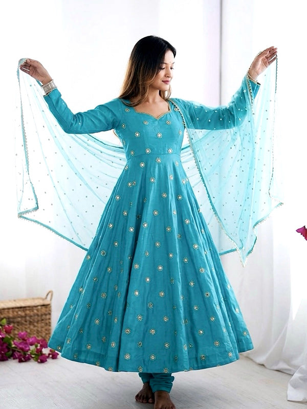 Sky Blue Embroidery Sequence Work Vichitra Silk Gown With Tissue Dupatta