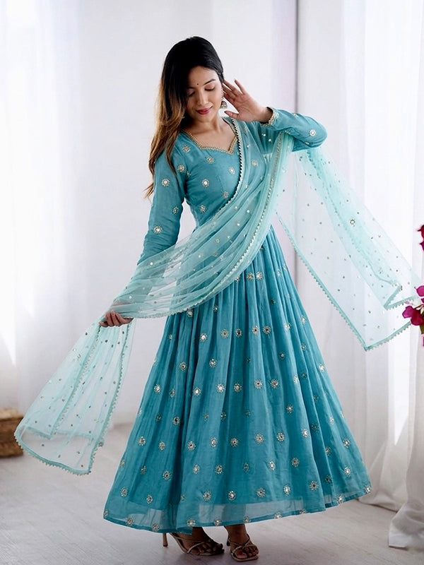 Sky Blue Embroidery Sequence Work Vichitra Silk Gown With Tissue Dupatta