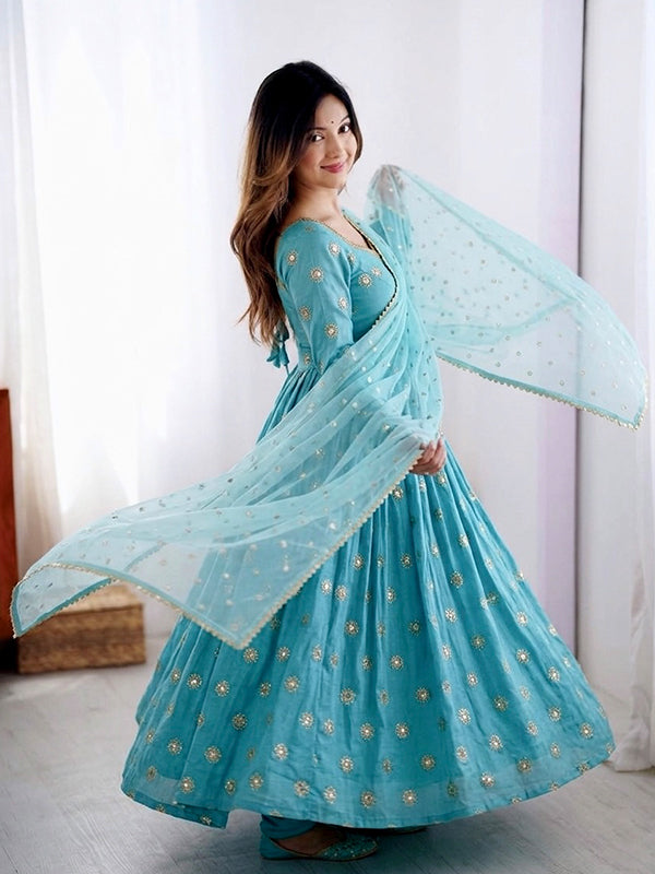 Sky Blue Embroidery Sequence Work Vichitra Silk Gown With Tissue Dupatta
