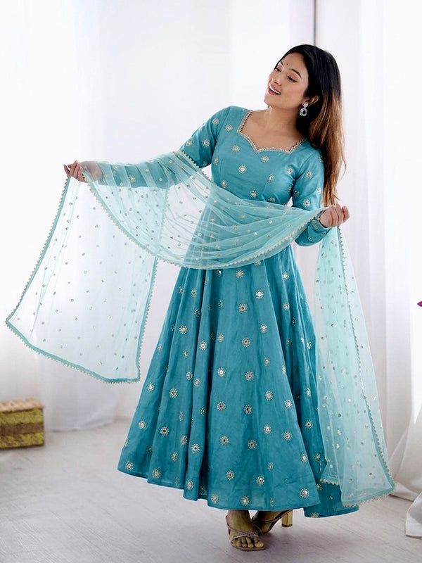 Sky Blue Embroidery Sequence Work Vichitra Silk Gown With Tissue Dupatta