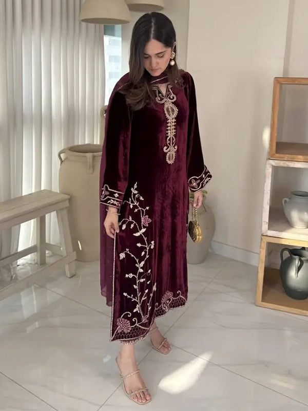 Maroon Viscose Velvet Embroidery Sequence Work Suit Set