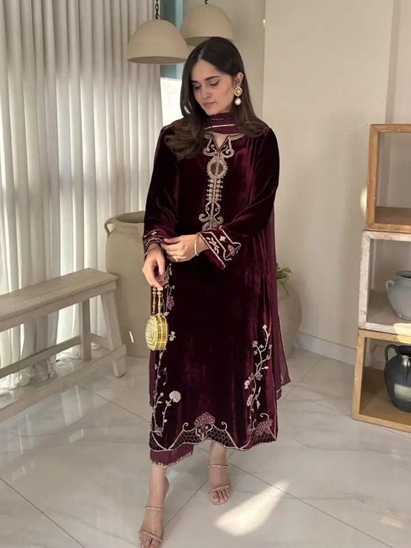 Maroon Viscose Velvet Embroidery Sequence Work Suit Set