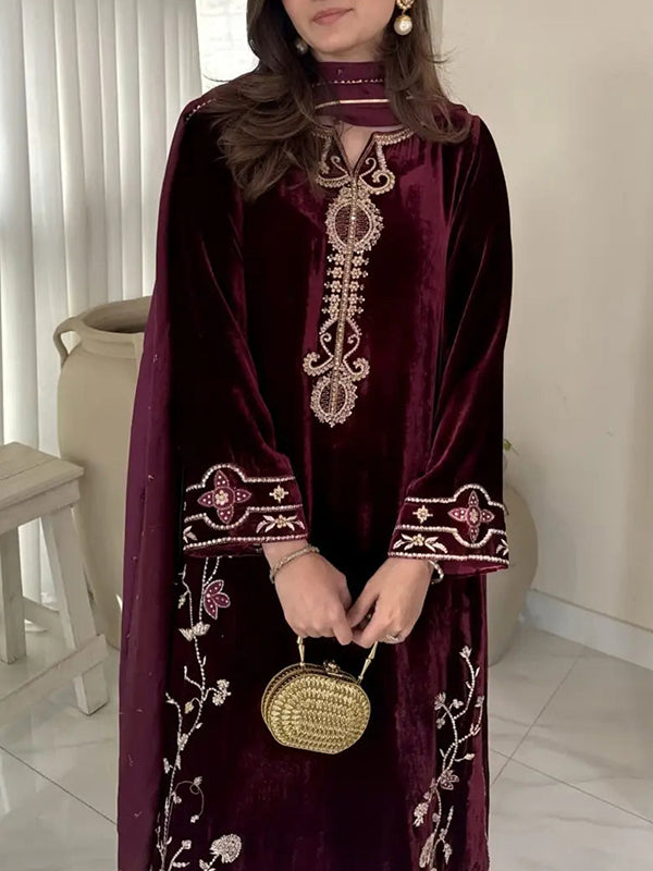 Maroon Viscose Velvet Embroidery Sequence Work Suit Set