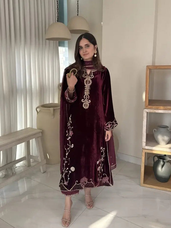 Maroon Viscose Velvet Embroidery Sequence Work Suit Set
