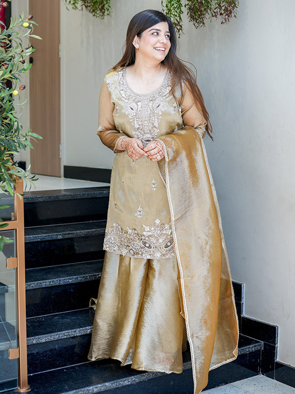 Beige Gold Embroidery Sequence Work Jimmy Choo Silk Plazzo Suit Set