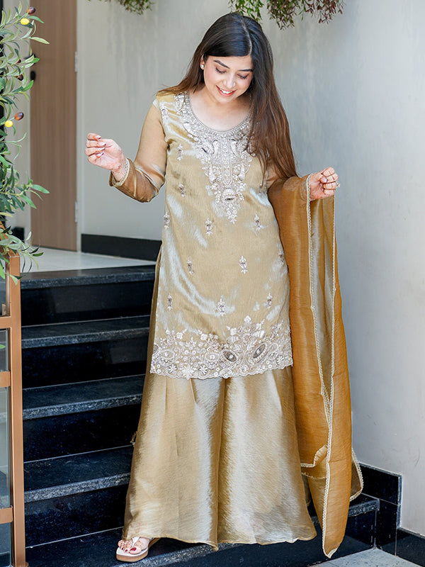 Beige Gold Embroidery Sequence Work Jimmy Choo Silk Plazzo Suit Set