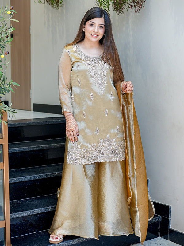 Beige Gold Embroidery Sequence Work Jimmy Choo Silk Plazzo Suit Set