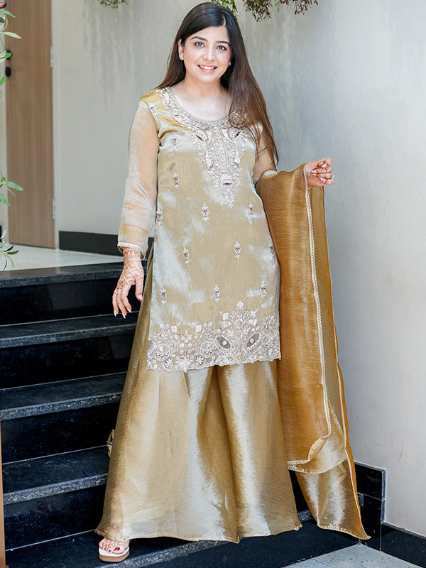 Beige Gold Embroidery Sequence Work Jimmy Choo Silk Plazzo Suit Set