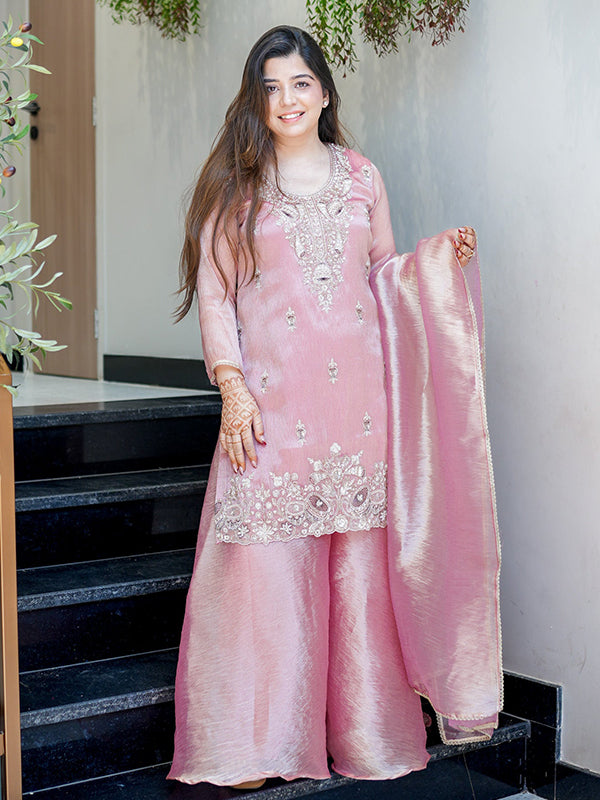 Rose Gold Embroidery Sequence Work Jimmy Choo Silk Plazzo Suit Set