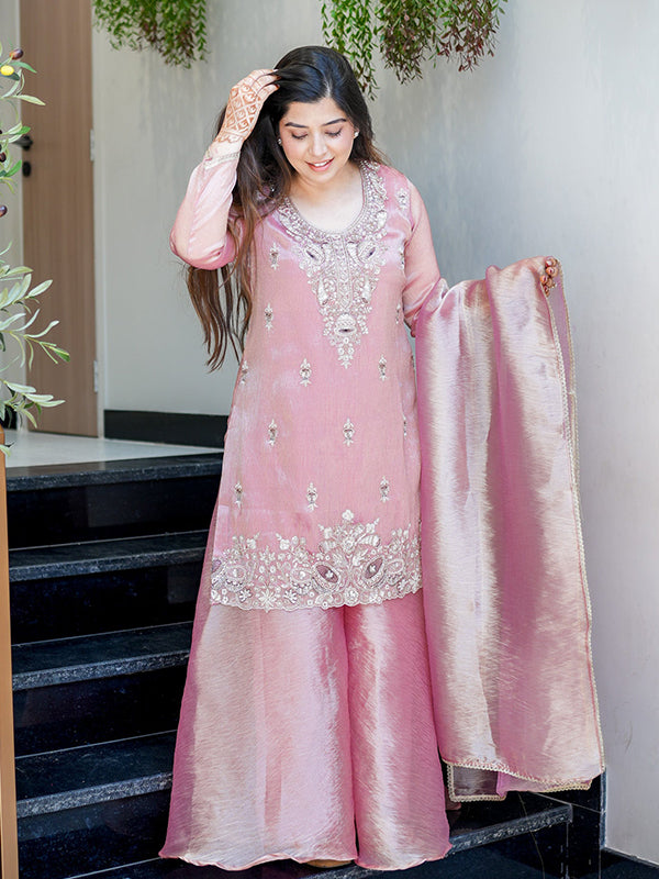 Rose Gold Embroidery Sequence Work Jimmy Choo Silk Plazzo Suit Set