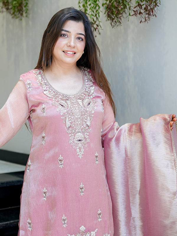 Rose Gold Embroidery Sequence Work Jimmy Choo Silk Plazzo Suit Set