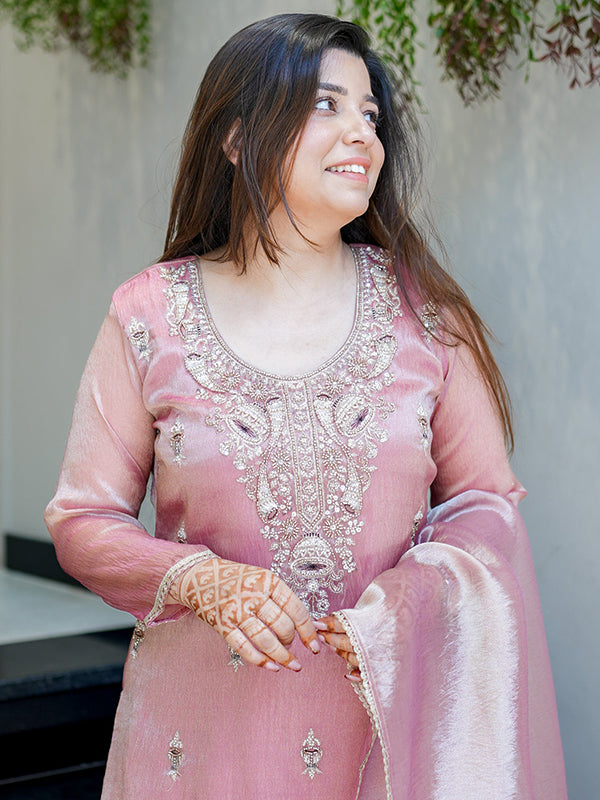 Rose Gold Embroidery Sequence Work Jimmy Choo Silk Plazzo Suit Set