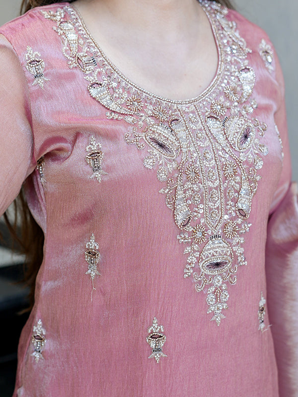 Rose Gold Embroidery Sequence Work Jimmy Choo Silk Plazzo Suit Set