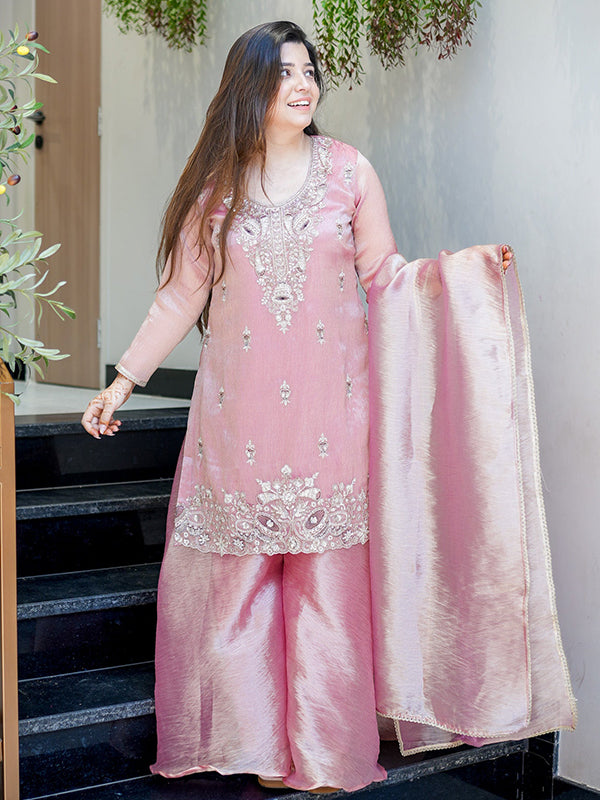 Rose Gold Embroidery Sequence Work Jimmy Choo Silk Plazzo Suit Set