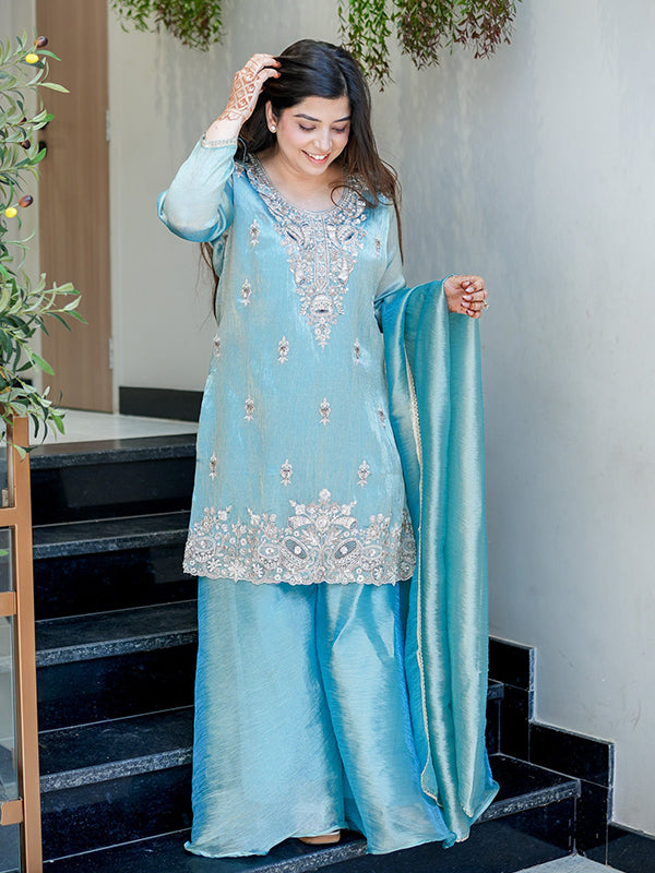 Sky Blue Embroidery Sequence Work Jimmy Choo Silk Plazzo Suit Set