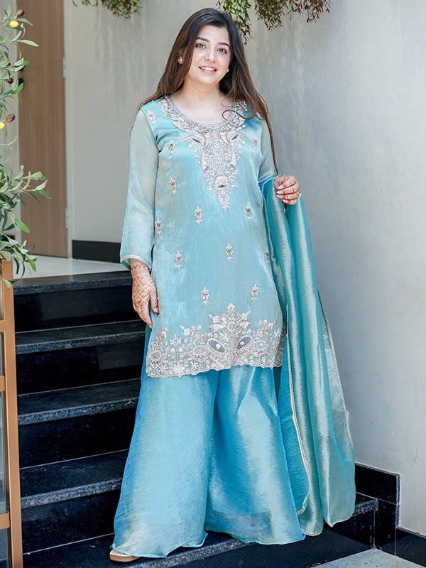 Sky Blue Embroidery Sequence Work Jimmy Choo Silk Plazzo Suit Set