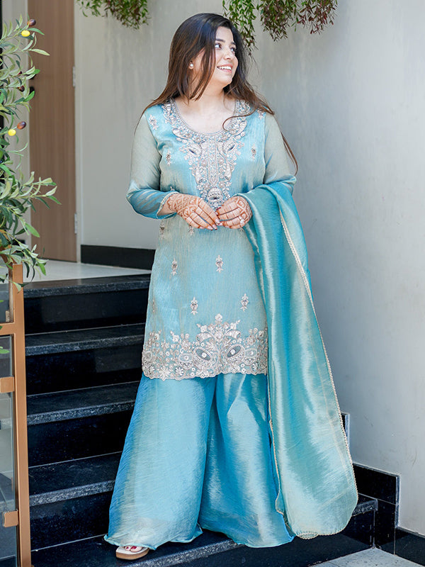 Sky Blue Embroidery Sequence Work Jimmy Choo Silk Plazzo Suit Set