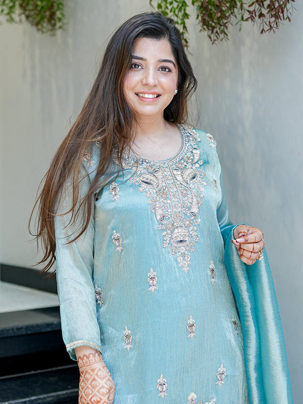 Sky Blue Embroidery Sequence Work Jimmy Choo Silk Plazzo Suit Set