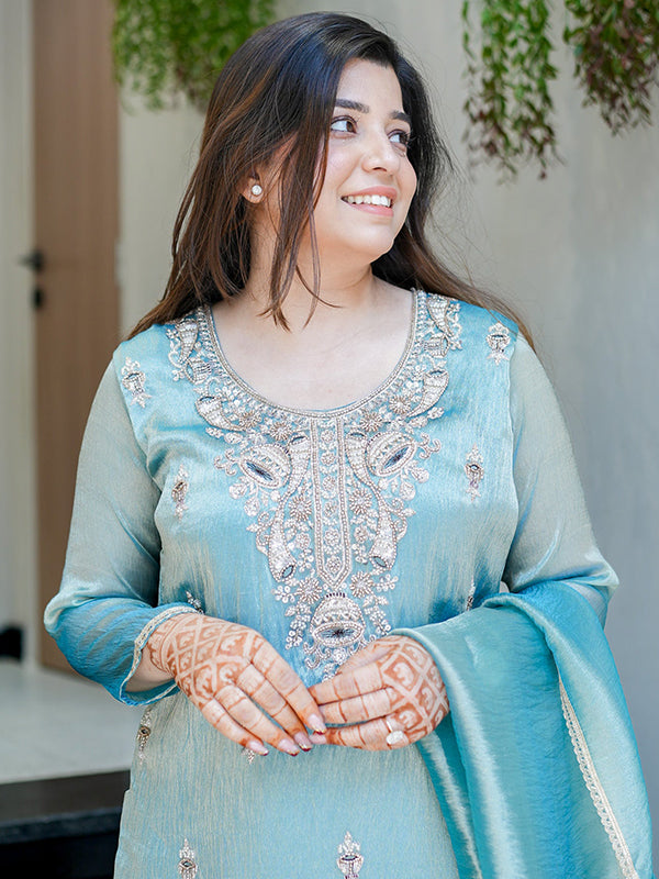 Sky Blue Embroidery Sequence Work Jimmy Choo Silk Plazzo Suit Set