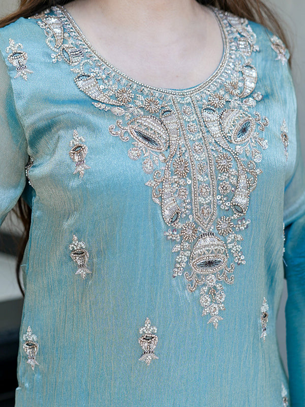 Sky Blue Embroidery Sequence Work Jimmy Choo Silk Plazzo Suit Set