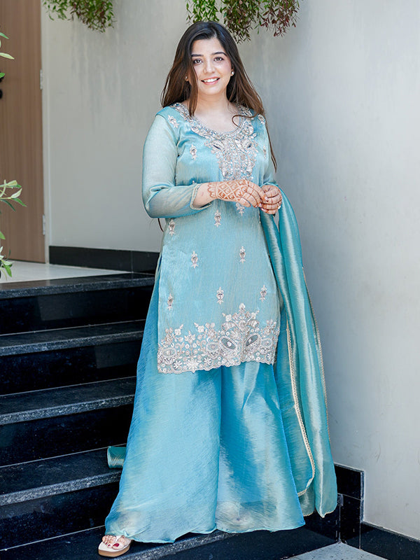 Sky Blue Embroidery Sequence Work Jimmy Choo Silk Plazzo Suit Set