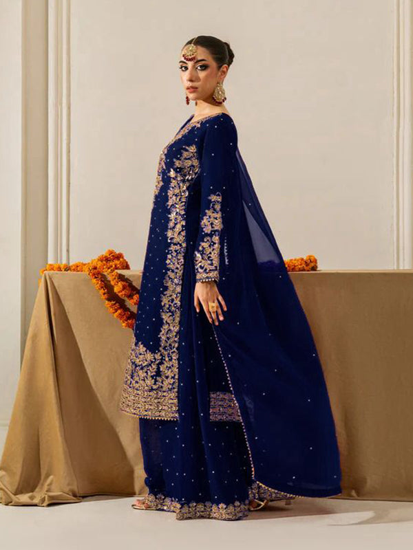 Blue Coding Sequence Work Viscose Velvet Suit Set With Dupatta