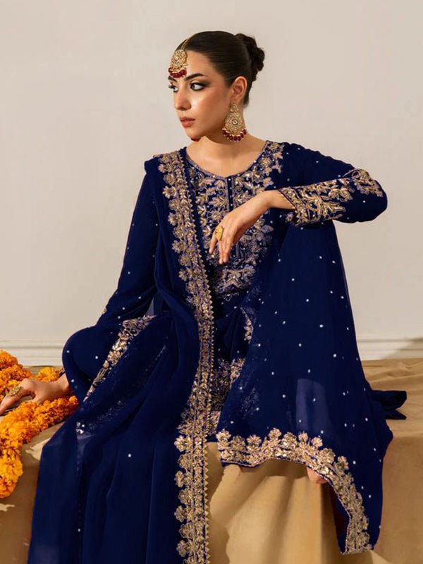 Blue Coding Sequence Work Viscose Velvet Suit Set With Dupatta