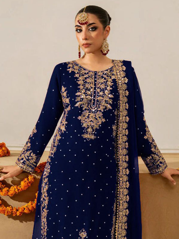 Blue Coding Sequence Work Viscose Velvet Suit Set With Dupatta