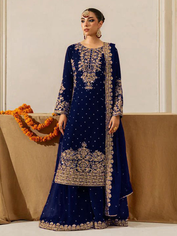Blue Coding Sequence Work Viscose Velvet Suit Set With Dupatta