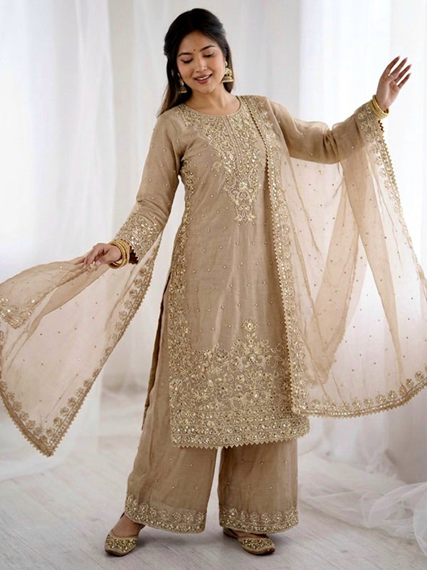 Beige Embroidery Coding Sequence Work Gmy Silk Palazzo Suit